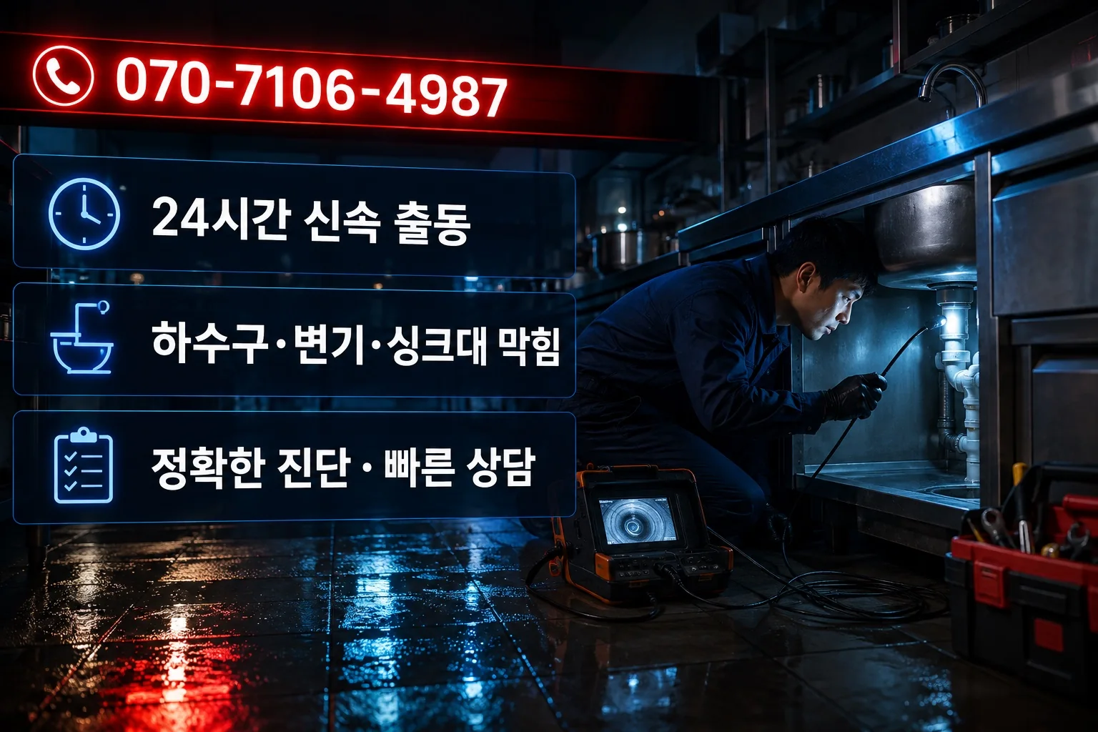 선한배관 야간 상가 싱크대 점검 서비스 안내